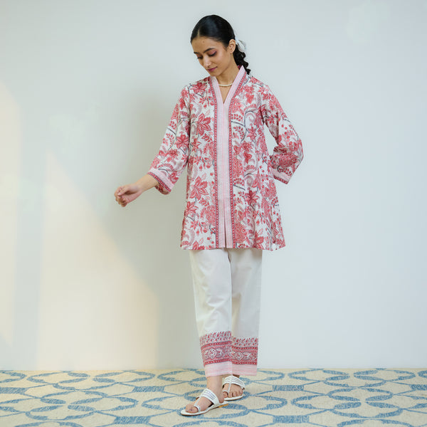 Peach Red Sanganeri Printed Cotton Co-ord Set