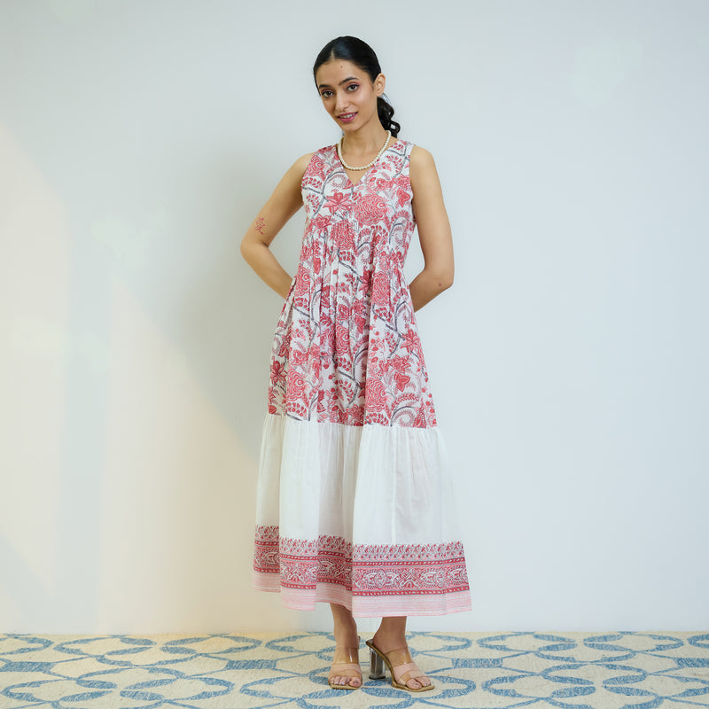 Peach Red Sanganeri Printed Cotton Tier Dress