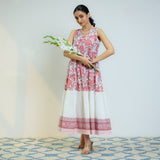 Peach Red Sanganeri Printed Cotton Tier Dress