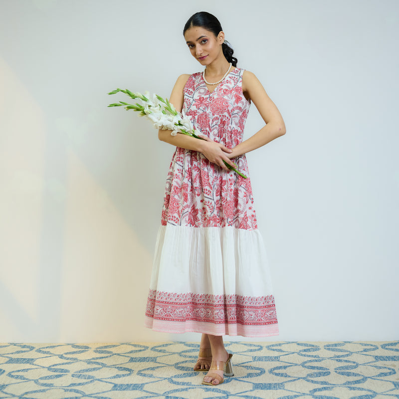 Peach Red Sanganeri Printed Cotton Tier Dress