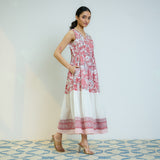 Peach Red Sanganeri Printed Cotton Tier Dress