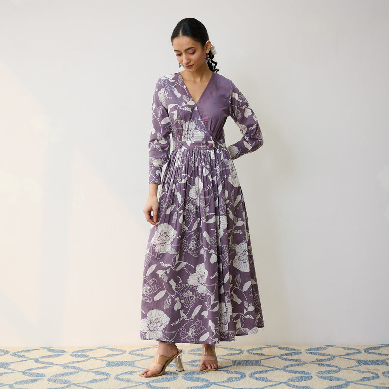 Mauve Ayesha Cotton Overlap Dress with Hand Embroidery Detail