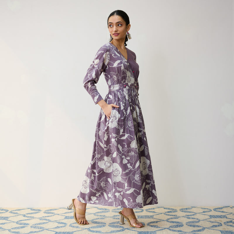 Mauve Ayesha Cotton Overlap Dress with Hand Embroidery Detail