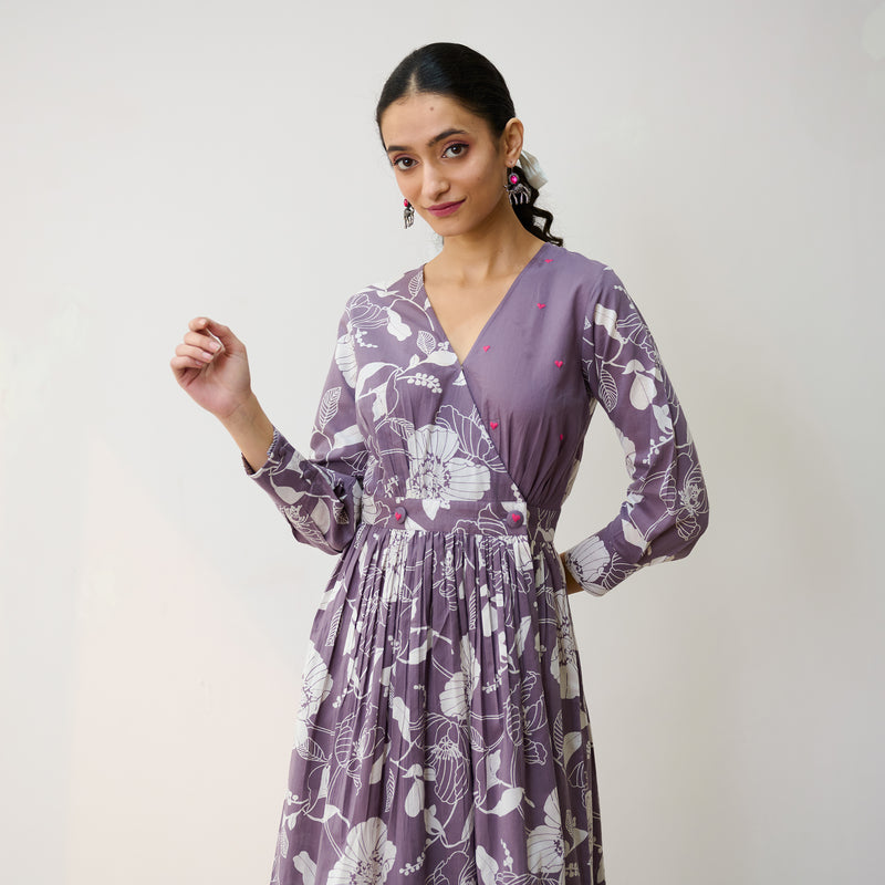 Mauve Ayesha Cotton Overlap Dress with Hand Embroidery Detail