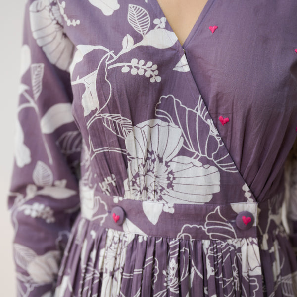 Mauve Ayesha Cotton Overlap Dress with Hand Embroidery Detail