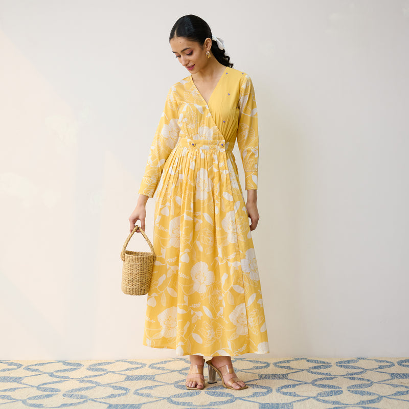 Mango Yellow Ayesha Cotton Overlap Dress with Hand Embroidery Detail