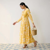 Mango Yellow Ayesha Cotton Overlap Dress with Hand Embroidery Detail