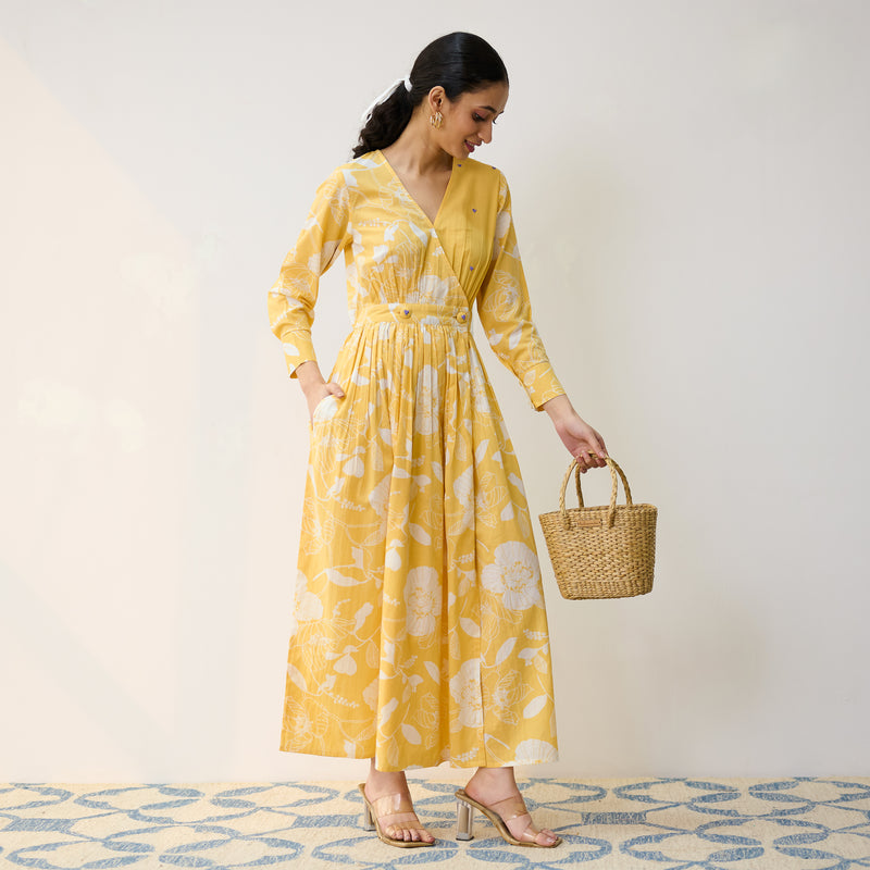 Mango Yellow Ayesha Cotton Overlap Dress with Hand Embroidery Detail