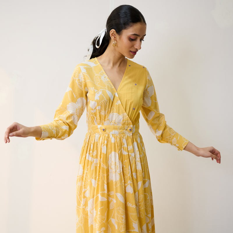 Mango Yellow Ayesha Cotton Overlap Dress with Hand Embroidery Detail