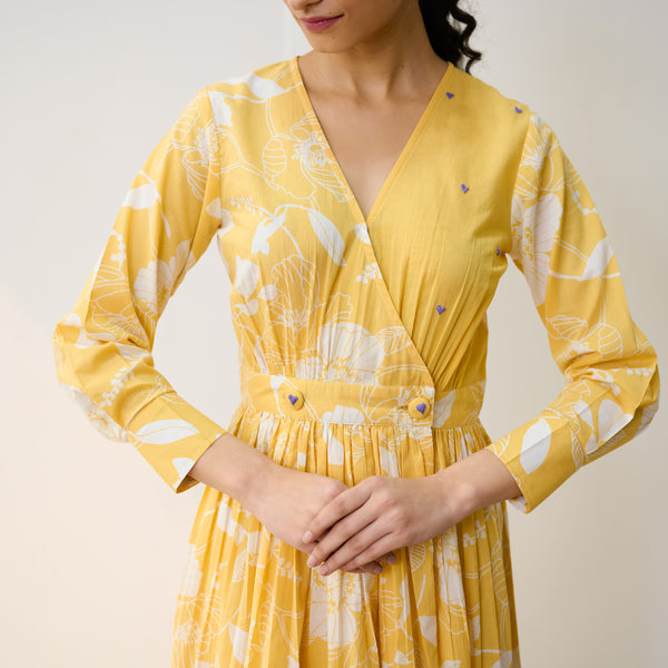 Mango Yellow Ayesha Cotton Overlap Dress with Hand Embroidery Detail