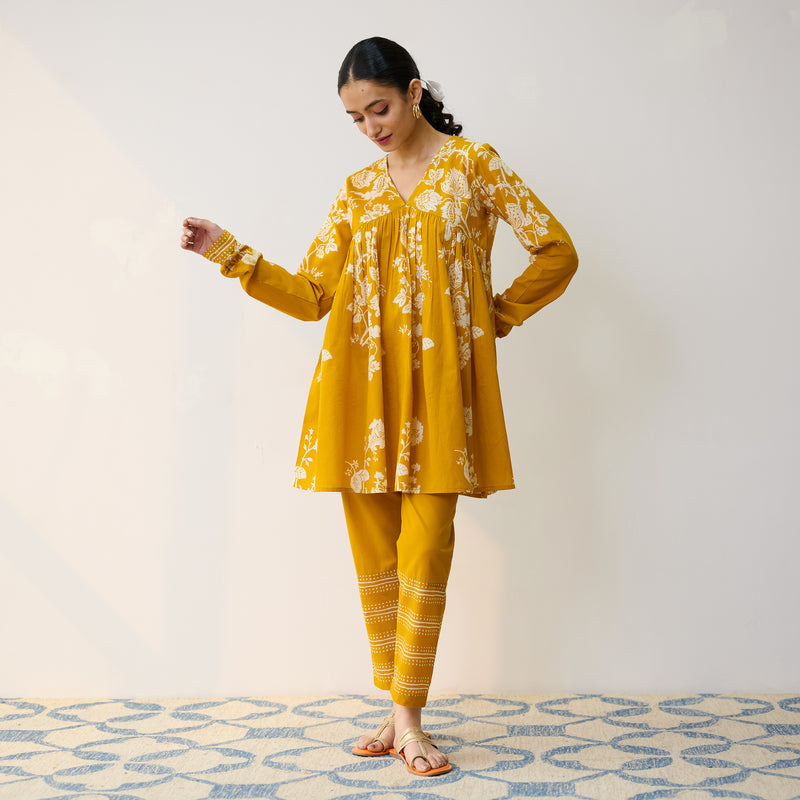 Layla Yellow Cotton Co-ord Set with Churidar Sleeve