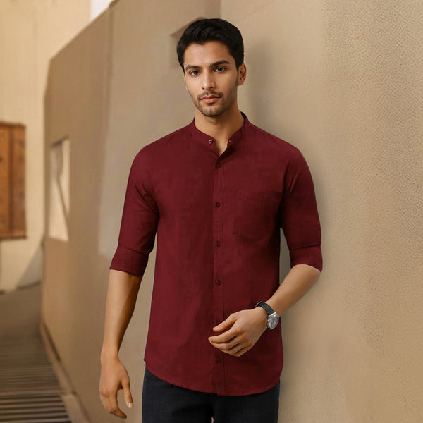 Maroon Mandarin Collar Solid Linen Cotton Shirt for Men