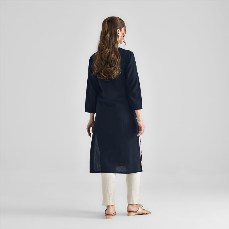 Dark Navy V Neck Linen Cotton Kurta