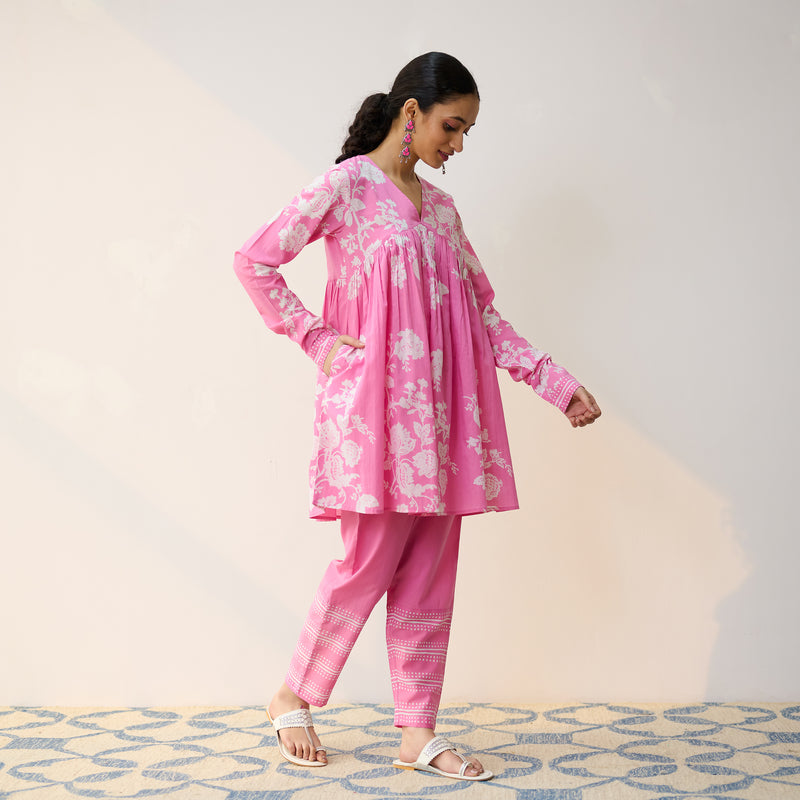 Layla Pink Cotton Co-ord Set with Churidar Sleeve