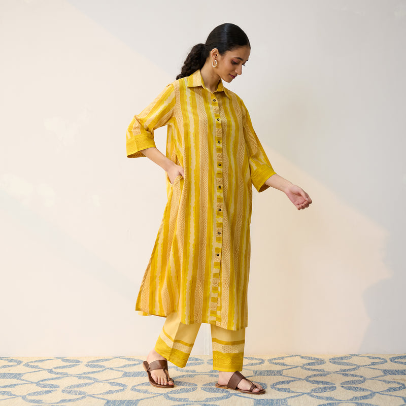 Mango Yellow Cotton Shirt Kurta with Pant