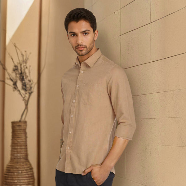 Brown Solid Linen Cotton Shirt for Men