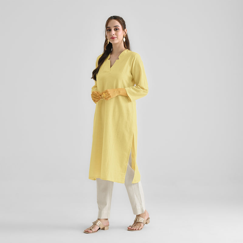 Yellow Linen Cotton Kurta with Notch V Neckline Detail