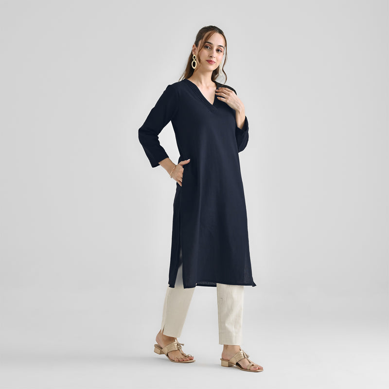 Dark Navy V Neck Linen Cotton Kurta