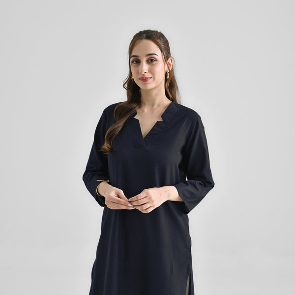 Black Linen Cotton Kurta with Notch V Neckline Detail