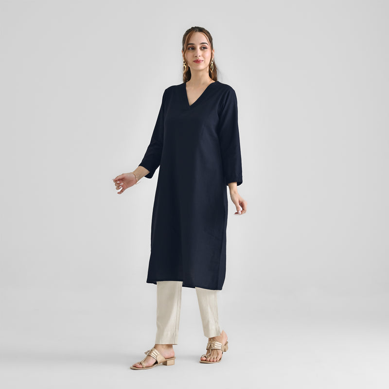 Dark Navy V Neck Linen Cotton Kurta