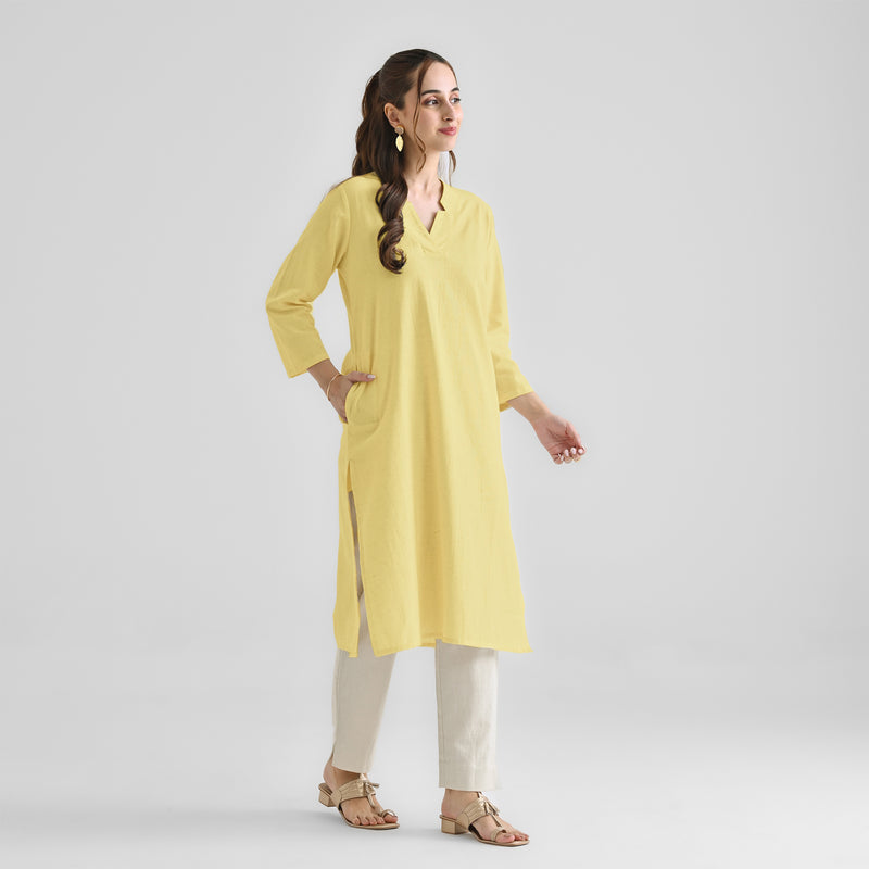 Yellow Linen Cotton Kurta with Notch V Neckline Detail