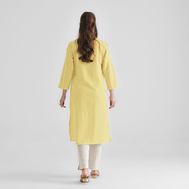 Yellow Linen Cotton Kurta with Notch V Neckline Detail