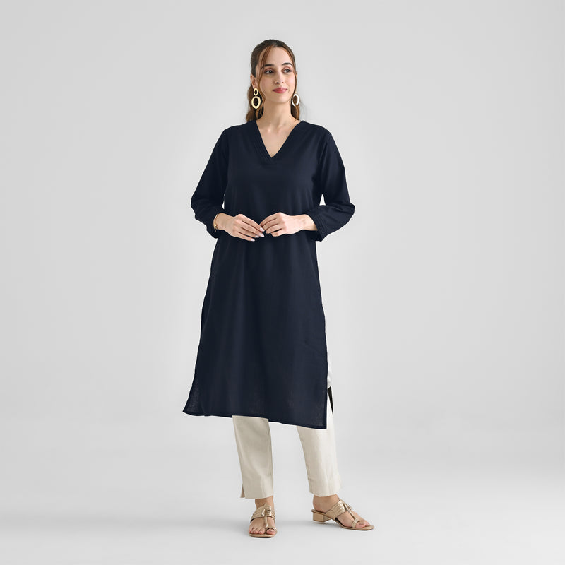 Dark Navy V Neck Linen Cotton Kurta