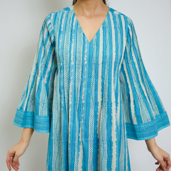 Sky Blue Cotton A-line Dress with Pintuck Detail