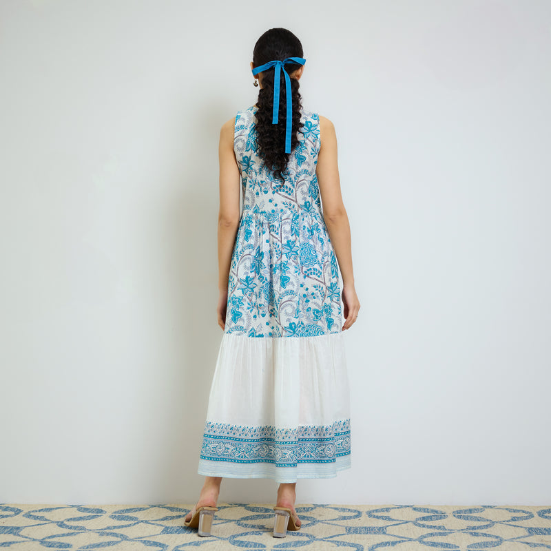 Ocean Blue Sanganeri Printed Cotton Tier Dress