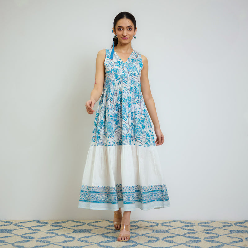 Ocean Blue Sanganeri Printed Cotton Tier Dress