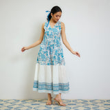 Ocean Blue Sanganeri Printed Cotton Tier Dress