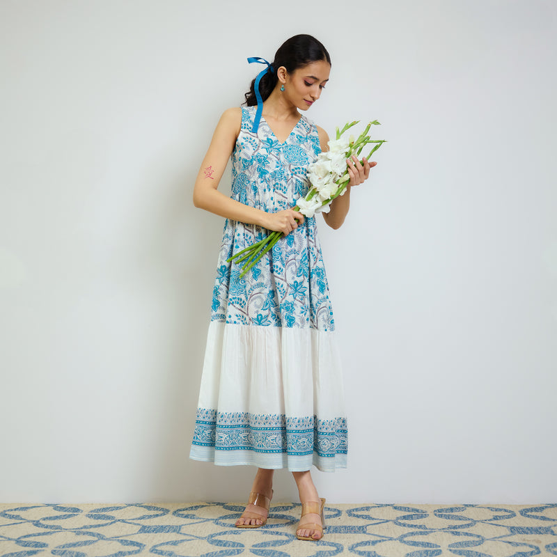 Ocean Blue Sanganeri Printed Cotton Tier Dress