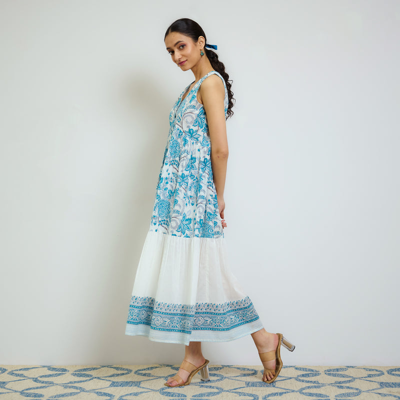 Ocean Blue Sanganeri Printed Cotton Tier Dress