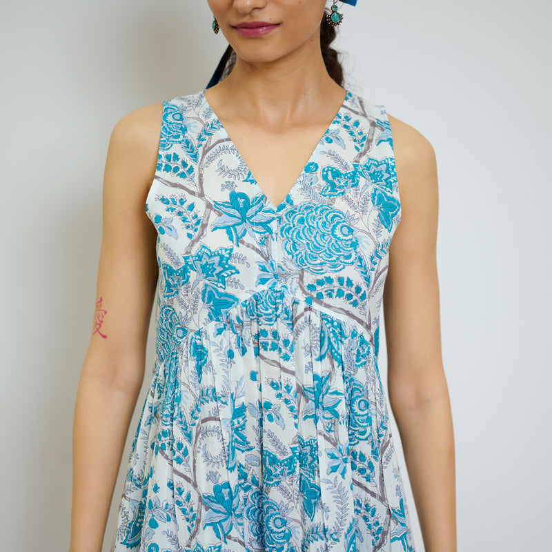 Ocean Blue Sanganeri Printed Cotton Tier Dress