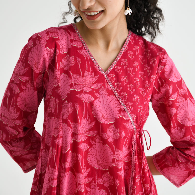 Red Floral Angarakha Cotton Kurta with Embroidered Neckline