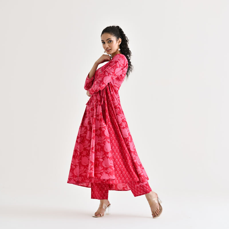 Red Floral Angarakha Cotton Kurta with Embroidered Neckline