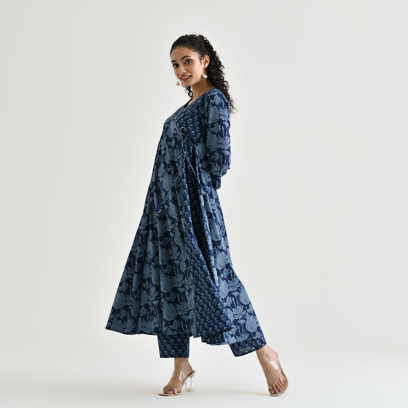 Indigo Floral Angarakha Cotton Kurta with Embroidered Neckline