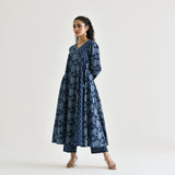 Indigo Floral Angarakha Cotton Kurta with Embroidered Neckline