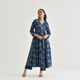 Indigo Floral Angarakha Cotton Kurta with Embroidered Neckline