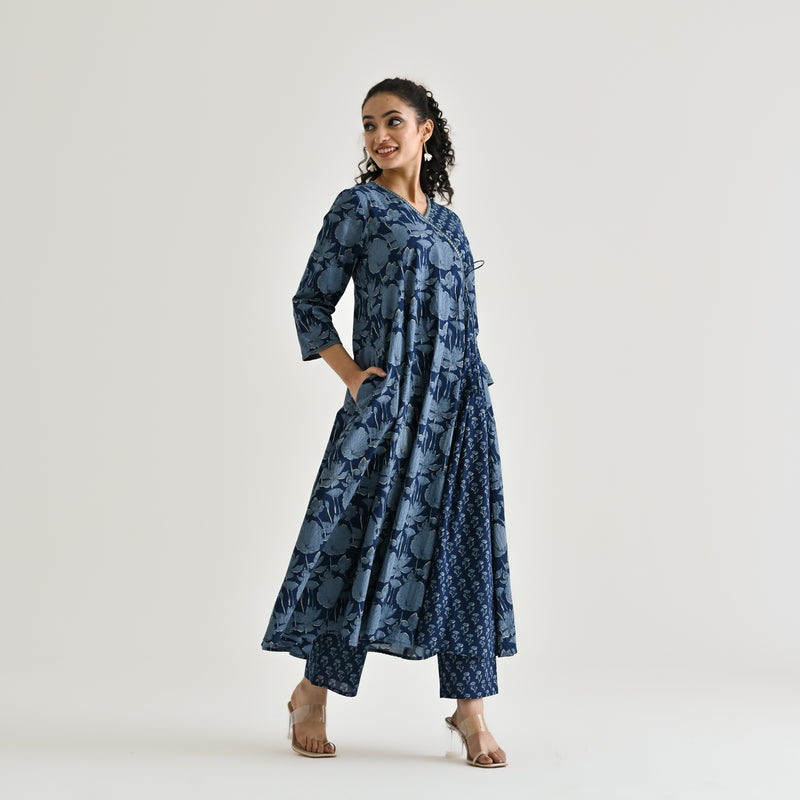 Indigo Floral Angarakha Cotton Kurta with Embroidered Neckline