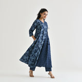 Indigo Floral Angarakha Cotton Kurta with Embroidered Neckline