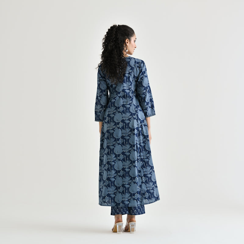 Indigo Floral Angarakha Cotton Kurta with Embroidered Neckline