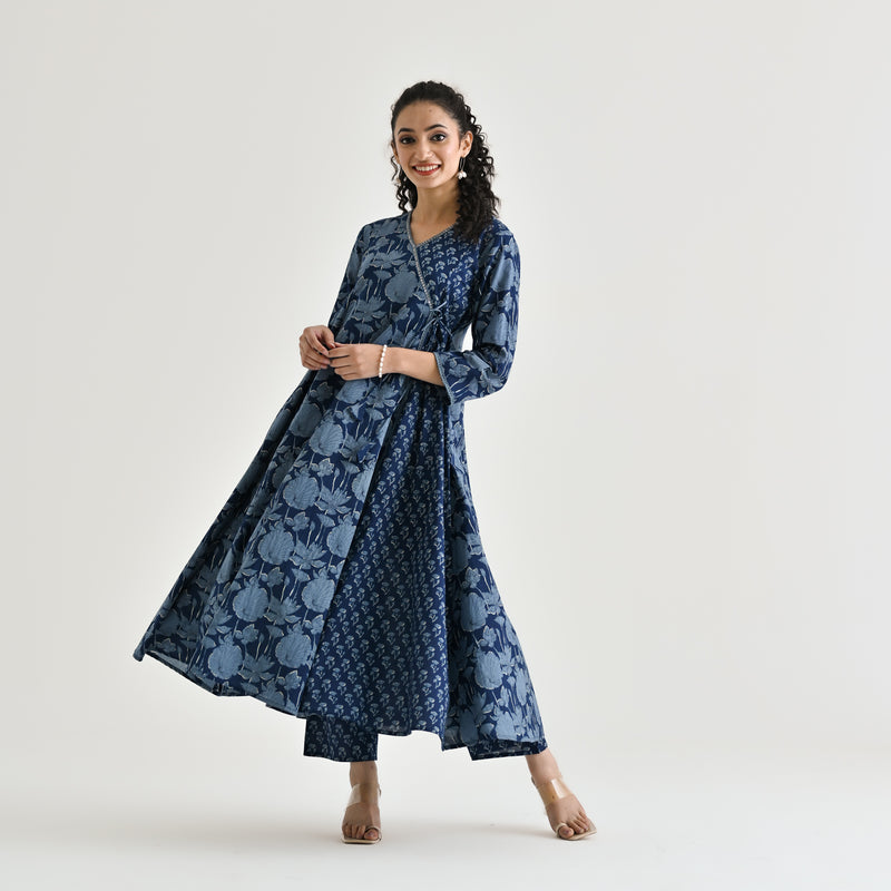 Indigo Floral Angarakha Cotton Kurta with Embroidered Neckline