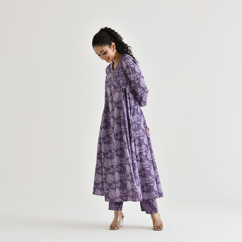 Lavender Floral Angarakha Cotton Kurta with Embroidered Neckline