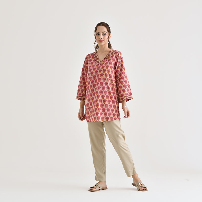 Pink Sanganeri Inspired Floral Cotton Tunic with Pintuck Neckline