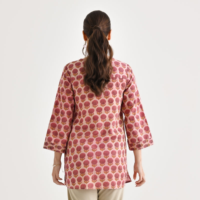 Pink Sanganeri Inspired Floral Cotton Tunic with Pintuck Neckline