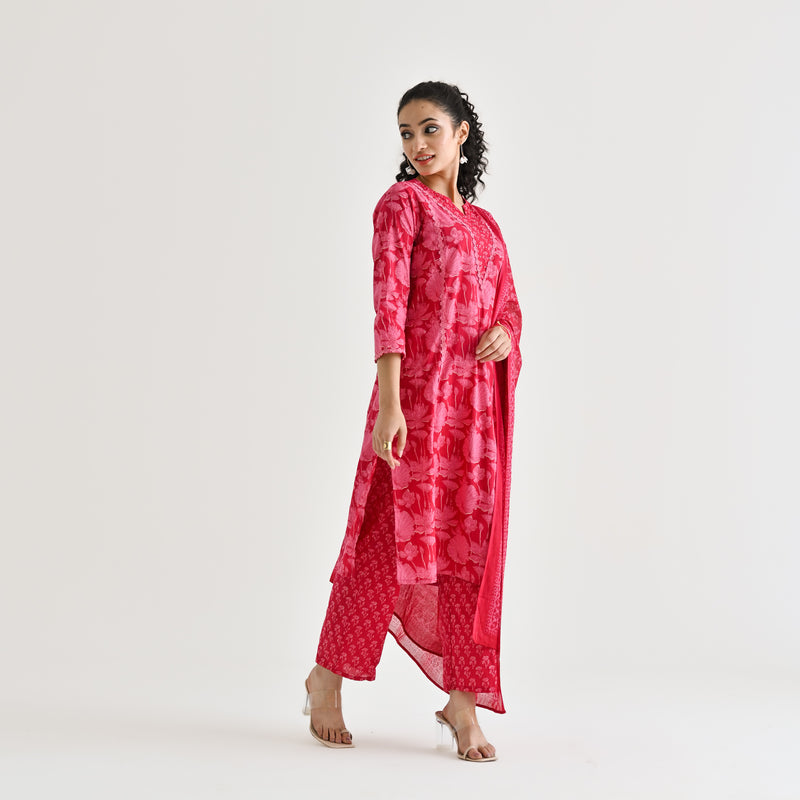 Pink Lotus Printed Cotton Kurta Pant Dupatta Set with Lace & Embroidery Details