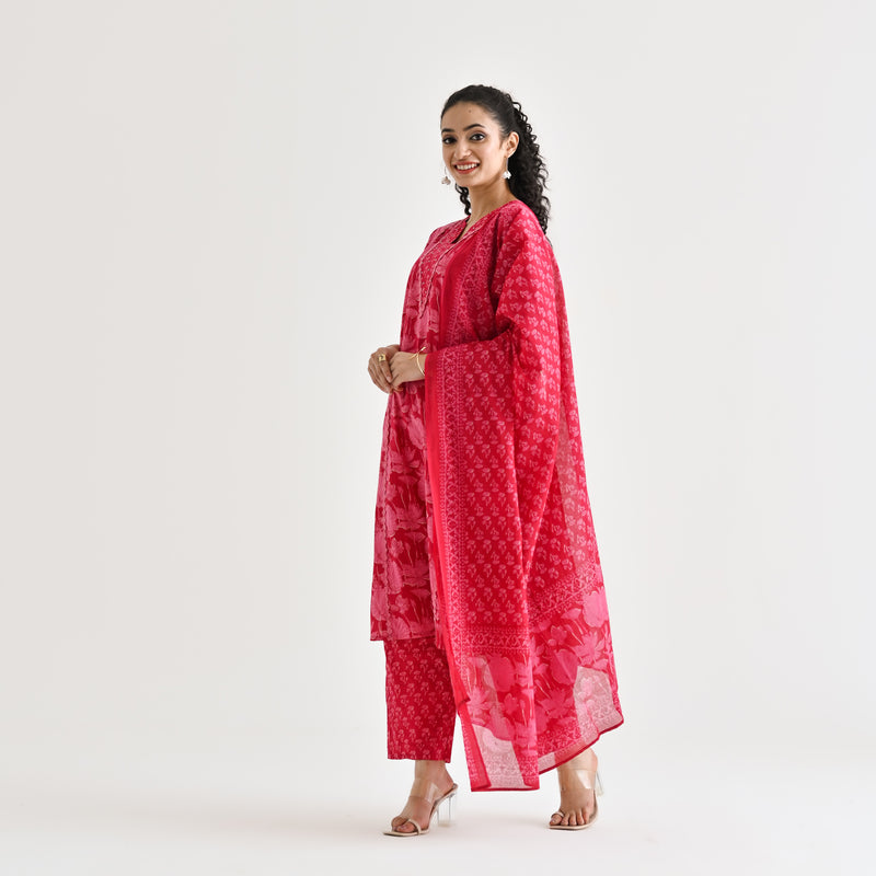 Pink Lotus Printed Cotton Kurta Pant Dupatta Set with Lace & Embroidery Details