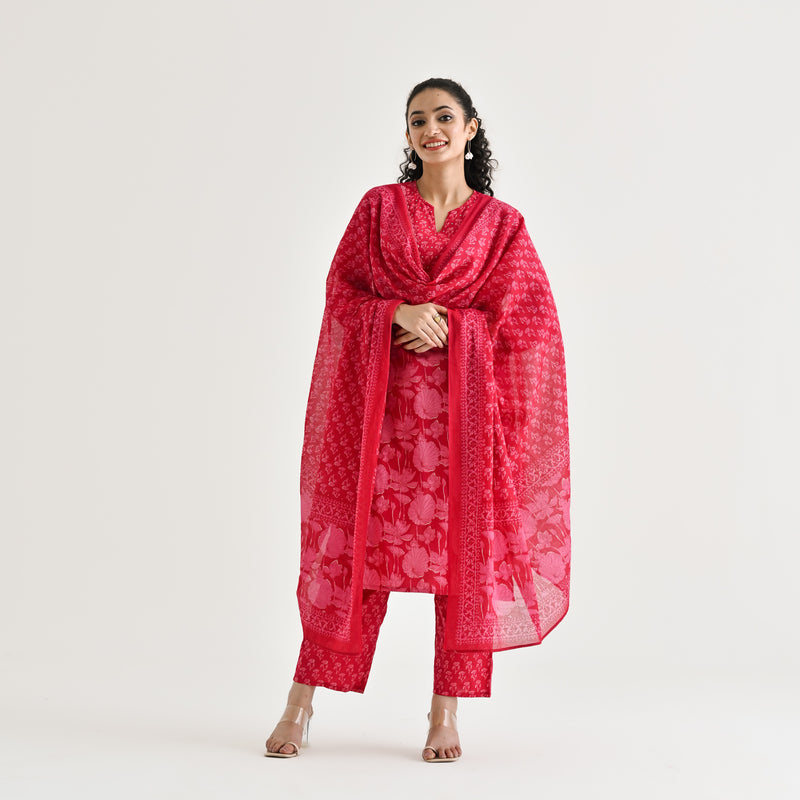 Pink Lotus Printed Cotton Kurta Pant Dupatta Set with Lace & Embroidery Details