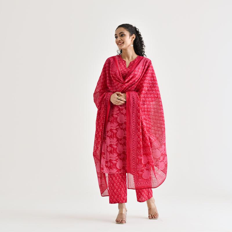 Pink Lotus Printed Cotton Kurta Pant Dupatta Set with Lace & Embroidery Details